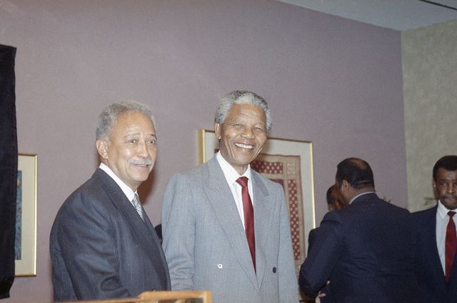David Dinkins and Nelson Mandela, both wearing suits and standing in a room, smile at the camera